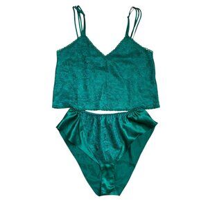 Vintage Y2K Gold Label Victorias Secret Cami Set Green Satin Lace Sexy Holiday-M